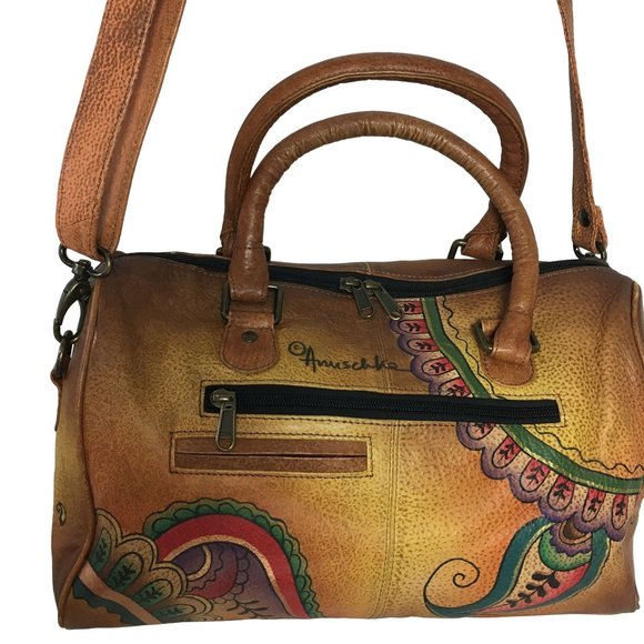 Anuschka NEVER USED Handpaint Leather Cross Body Saddle Brown Paisley - Picture 3 of 12